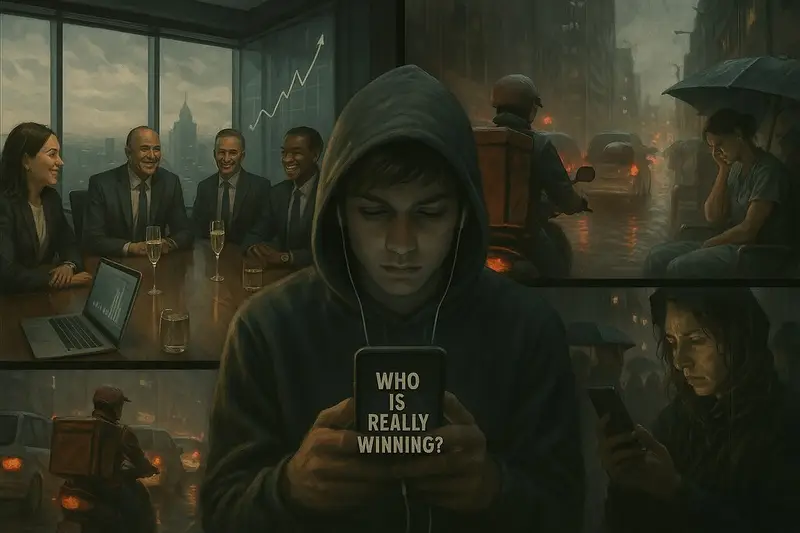 Ilustración de una persona encapuchada con un móvil entre una multitud
