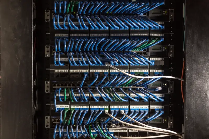 Armario de red con cables azules conectados a un panel