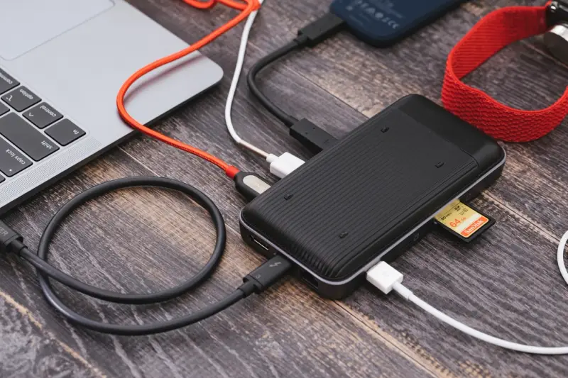 Disco duro externo conectado con un cable a un portátil