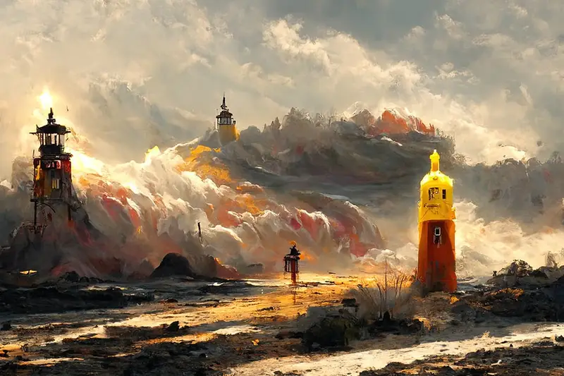 Pintura digital de faros sobre una costa rocosa al atardecer