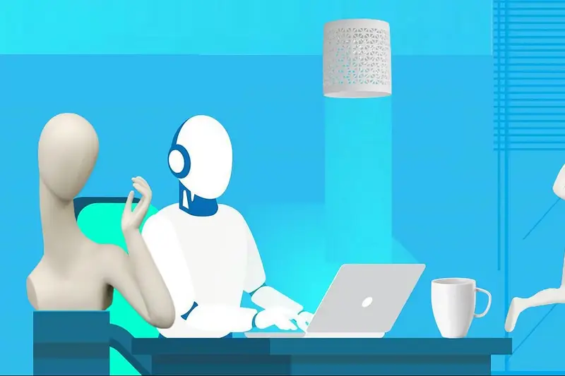 Ilustración de un robot trabajando con un portátil