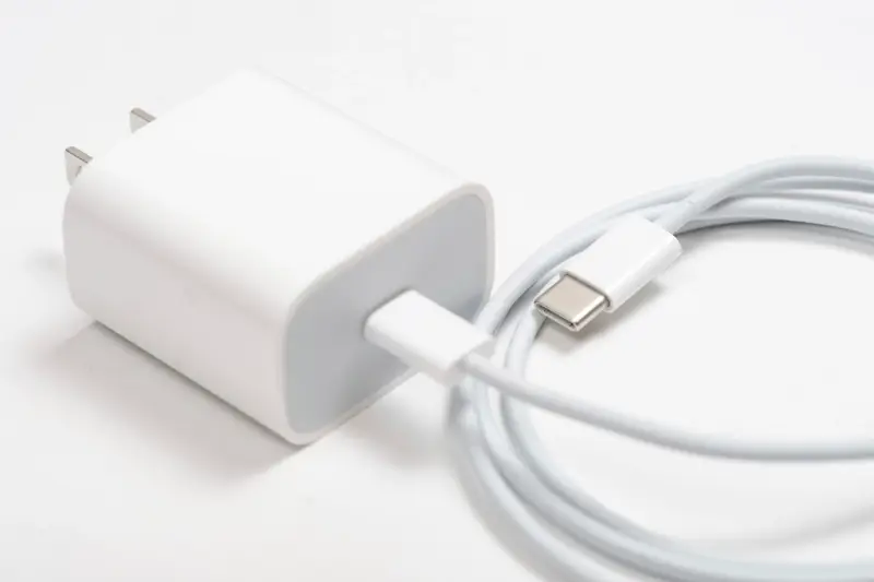 Cargador blanco con su cable USB-C enrollado