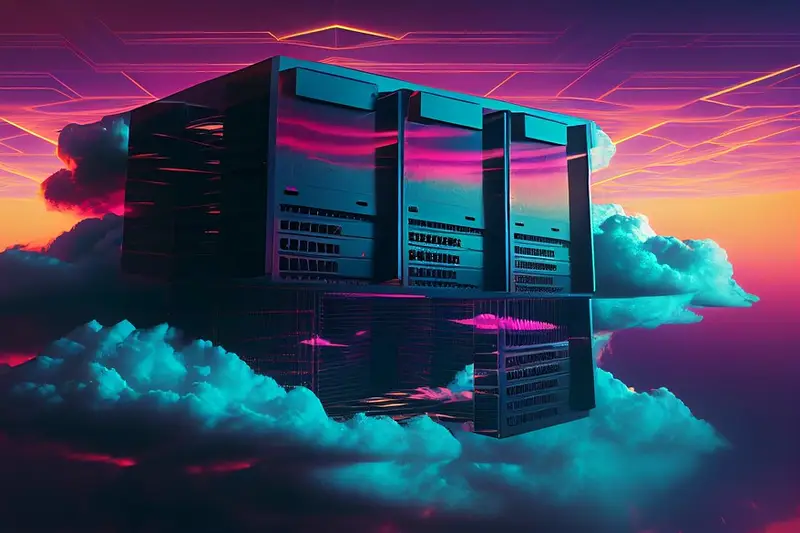 Ilustración de unos servidores flotando sobre nubes de colores