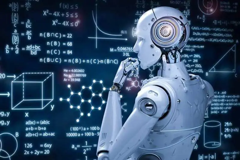 Ilustración de un robot pensativo ante una pizarra llena de fórmulas