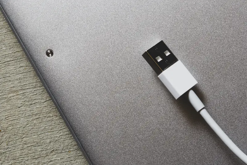 Cable USB conectado a un dispositivo plateado