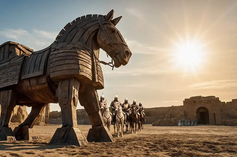 Ilustración del caballo de Troya a las puertas de una ciudad