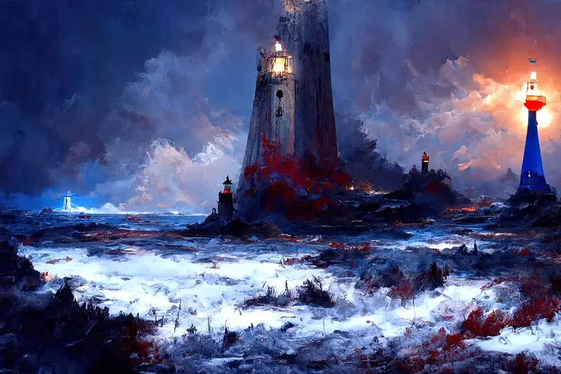 Pintura digital de un faro junto a un mar agitado