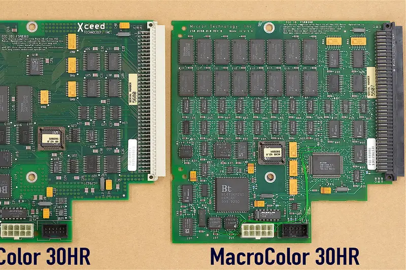 Dos tarjetas gráficas antiguas con sus chips de memoria a la vista
